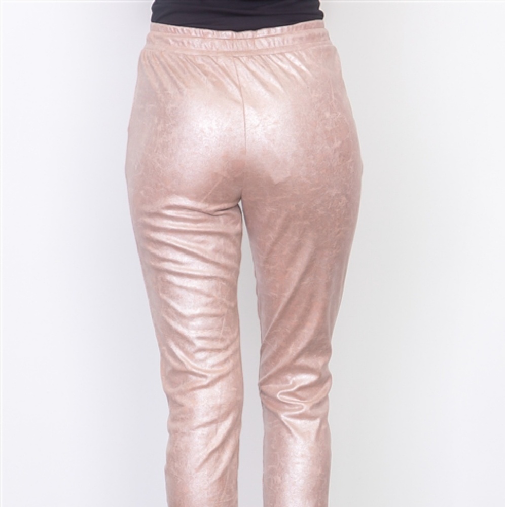 METALLIC BLUSH PINK SUEDE DRAWSTRING JOGGERS - Picture 5 of 8